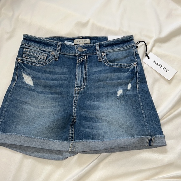 Sailey Jean shorts roll up high rise raw hemline blue size 28 & 29 NWT - Picture 4 of 9